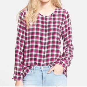 Joie 100% Silk Fuschia Pink and Black Plaid Hidden Button Down Blouse - Size S